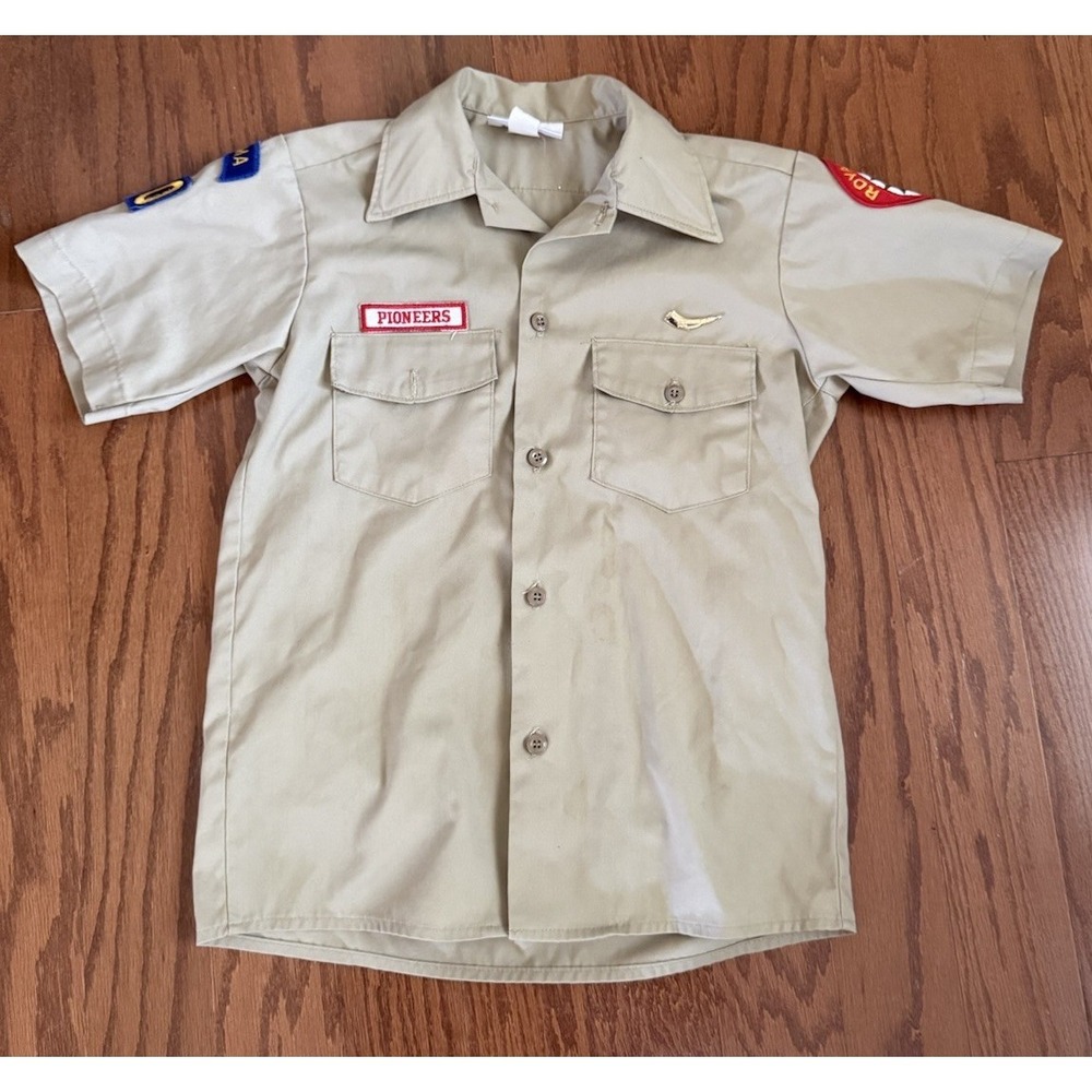 Royal Rangers Short Sleeve Button Down Dickies Boys Size 12 Oklahoma Patches Pin
